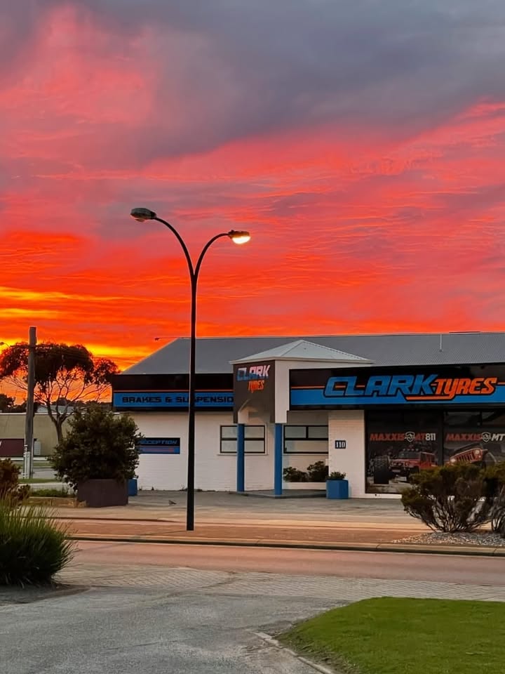 The Clark Tyres shopfront on Lockyer Ave, Albany, at sunset